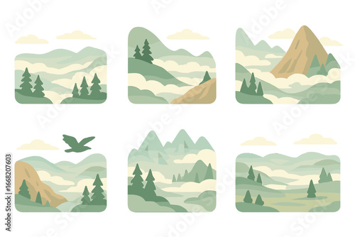 Misty Mountain Miniatures. Flat vector mini-illustrations Rolling mist in mountain valleys in colors