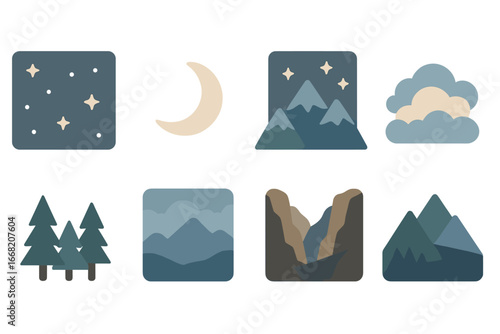 Children's Starry Nightscape. Flat vector mini-illustrations Night sky over mountain range in colors