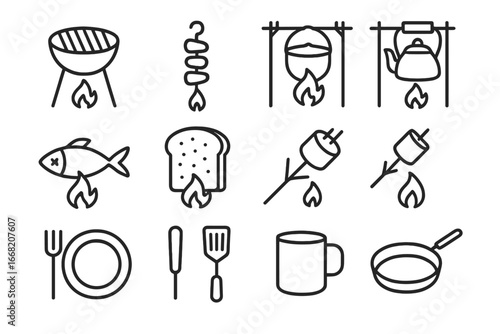 Campfire Meal Icons. Outline icon set of campfire meals: grill, skewer, pot, kettle, fish, bread, marshmallow,