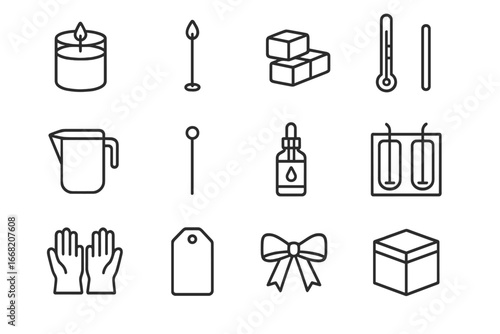 Candle Making Icons. Outline icon set of handmade candle commissions: candle jar, wick, wax block, thermometer