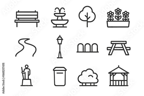 Campus Green Space Icons. Outline icon set of campus green spaces: park bench, fountain, tree, flower bed,