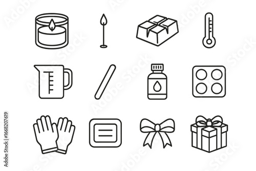 Candle Making Icons. Outline icon set of handmade candle commissions: candle jar, wick, wax block, thermometer