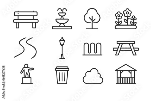 Campus Green Space Icons. Outline icon set of campus green spaces: park bench, fountain, tree, flower bed,