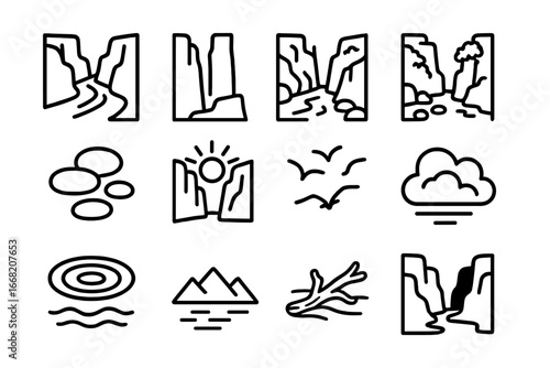 Canyon River Icon Set. Outline icon set of canyon and river nature views: flowing river, cliff walls, river
