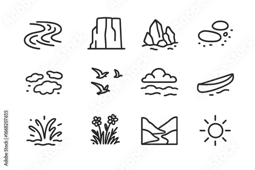 Canyon Landscape Icons. Outline icon set of river carving canyon landscapes: river current, cliff faces,