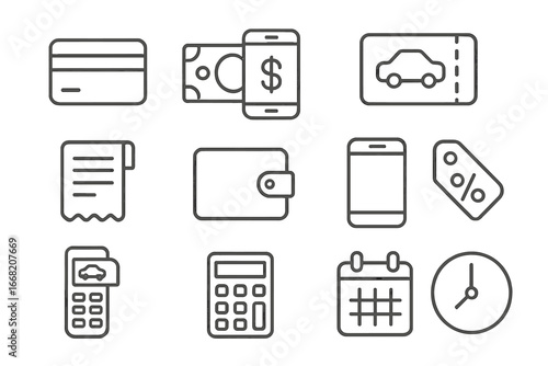 Car Wash Payment Icons. Outline icon set of Car wash payment methods: credit card, cash, mobile payment,