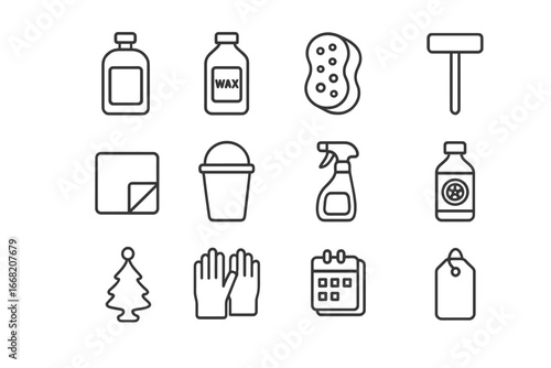 Car Wash Essentials. Outline icon set of Car wash cleaning products: soap bottle, wax, sponge, brush,