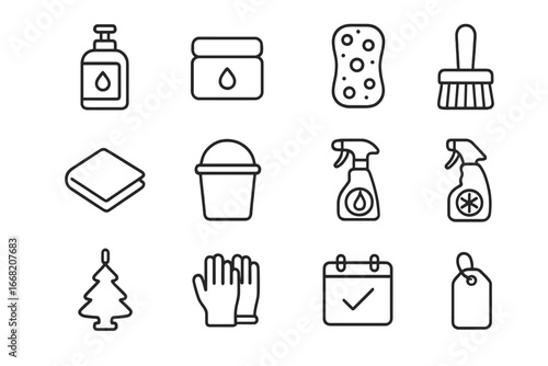 Car Wash Essentials. Outline icon set of Car wash cleaning products: soap bottle, wax, sponge, brush,