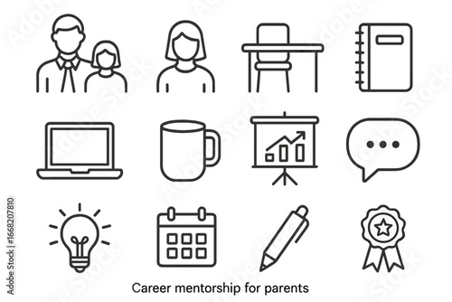 Career Mentorship Icons. Outline icon set of career mentorship for parents: mentor figure, student figure,