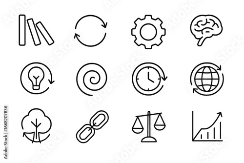Cause and Effect Icons. Outline icon set of cause and effect cycles: dominoes, arrow loop, gear, brain, light