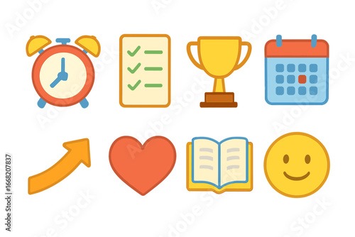 Motivational Kids Icons. Flat vector mini-illustrations Motivation and discipline in colors children's