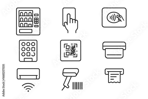 Cashless Vending Icons. Outline icon set of cashless vending machine payments: vending machine front, touch