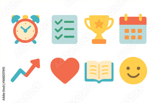Motivational Kids Icons. Flat vector mini-illustrations Motivation and discipline in colors children's