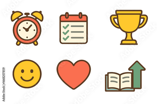 Success Habits Icons. Flat vector mini-illustrations Daily habits for success in colors children's