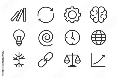 Cause and Effect Icons. Outline icon set of cause and effect cycles: dominoes, arrow loop, gear, brain, light
