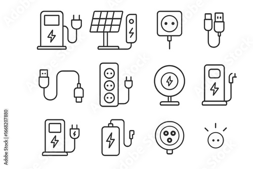 Charging Stations Icons. Outline icon set of charging stations: charging dock, solar charger, wall socket, USB
