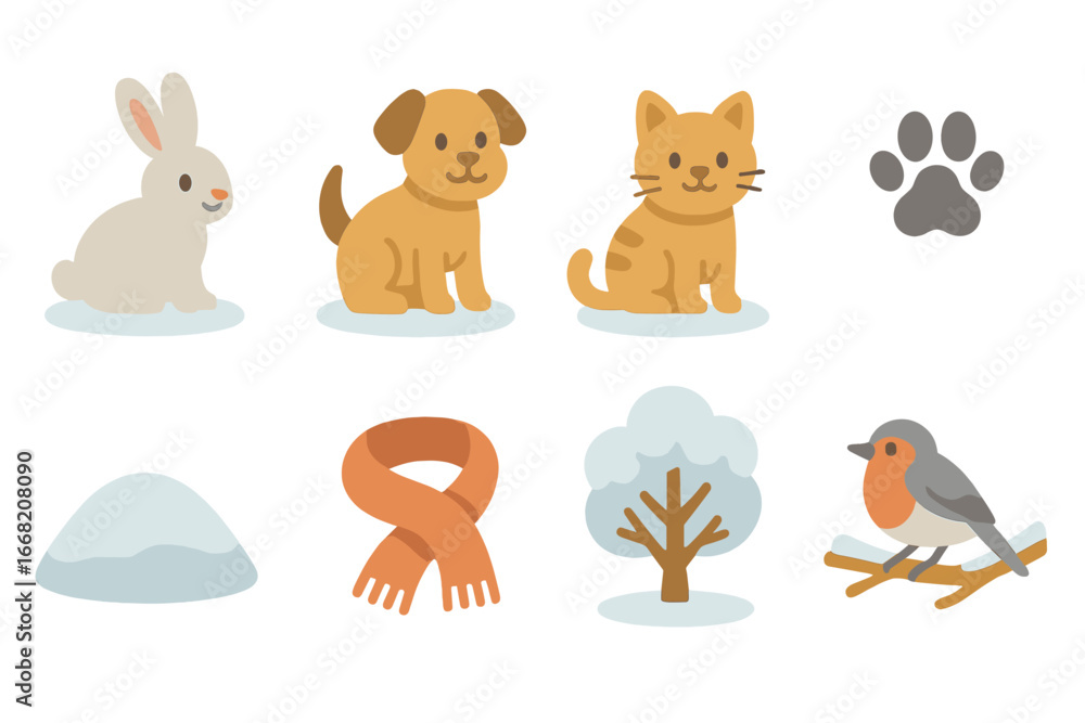 Obraz premium Winter Wildlife Icons. Flat vector mini-illustrations Wildlife and pets in winter in colors children's