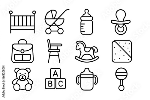 Childcare Essentials Icons. Outline icon set of childcare essentials: crib, stroller, baby bottle, pacifier,