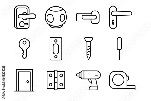 Childproof Door Handle Set. Outline icon set of childproof door handles: child lock, knob cover, latch, lever