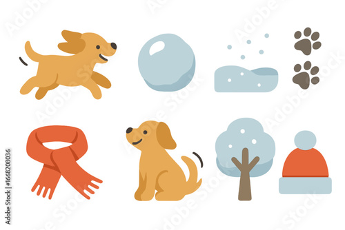 Dogs' Winter Playtime. Flat vector mini-illustrations Dogs playing in snow in colors children's illustrations: