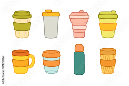 Reusable Coffee Cups Icons. Flat vector mini-illustrations reusable coffee cups in colors children's