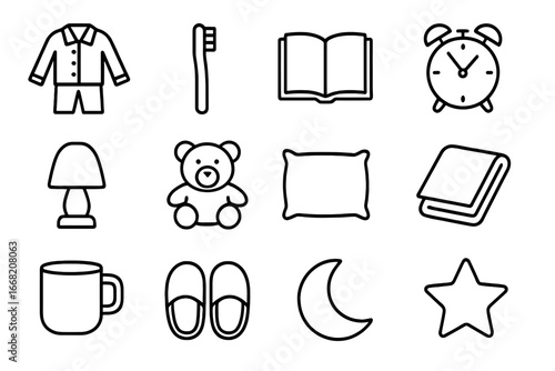 Children's Bedtime Icons. Outline icon set of children’s bedtime routine: pajamas, toothbrush, storybook,