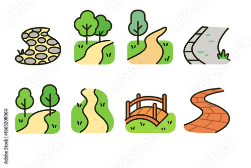 Colorful Walking Paths. Flat vector mini-illustrations walking paths in colors children's illustrations: