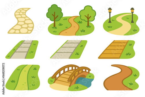 Colorful Walking Paths. Flat vector mini-illustrations walking paths in colors children's illustrations: