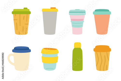 Reusable Coffee Cups Icons. Flat vector mini-illustrations reusable coffee cups in colors children's