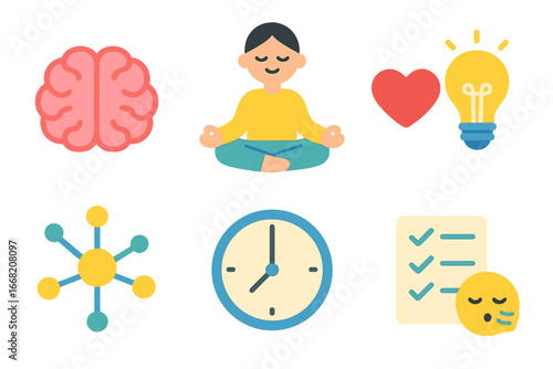 Mindfulness Icons Grid. Flat vector mini-illustrations Mindfulness for brain recovery in colors children's