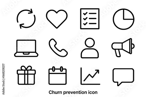 Churn Prevention Icons. Outline icon set of churn prevention: renewal arrows, heart, checklist, pie chart,