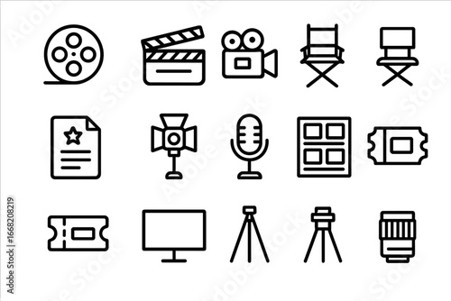 Cinematic Icons Grid. Outline icon set of cinematic storytelling: film reel, clapperboard, camera, director