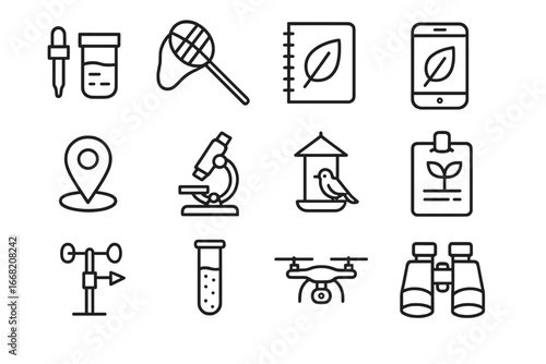 Citizen Science Icon Set. Outline icon set of citizen science for nature: water testing kit, bug net, notebook