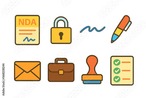 Children's NDA Icons. Flat vector mini-illustrations Confidentiality agreements in colors children's