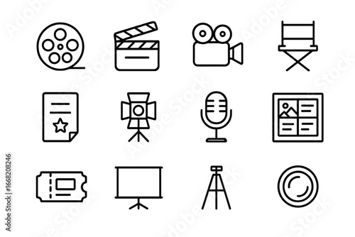 Cinematic Icons Grid. Outline icon set of cinematic storytelling: film reel, clapperboard, camera, director