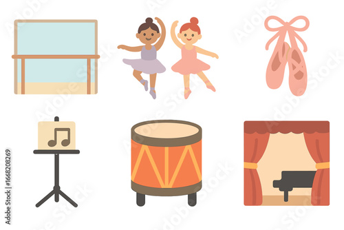 Dance Rehearsal Icons. Flat vector mini-illustrations Dance rehearsal scene in colors children's illustrations