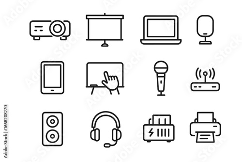 Classroom Tech Icons. Outline icon set of presentation tech in classrooms: projector, projection screen,