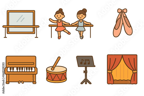Dance Rehearsal Icons. Flat vector mini-illustrations Dance rehearsal scene in colors children's illustrations