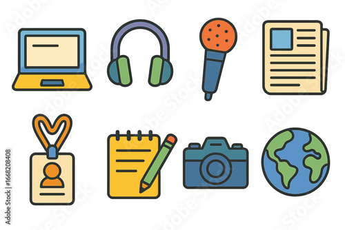 Youthful Journalism Icons. Flat vector mini-illustrations Online journalism courses in colors children's
