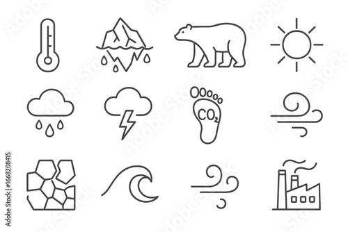 Climate Awareness Icons. Outline icon set of climate change awareness: thermometer, melting iceberg, polar