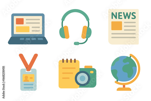 Youthful Journalism Icons. Flat vector mini-illustrations Online journalism courses in colors children's