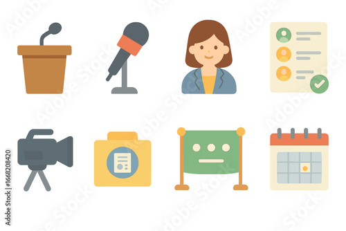 Press Conference Icons. Flat vector mini-illustrations Press conference management in colors children's