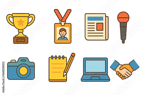 Journalism Icons Grid. Flat vector mini-illustrations Journalism awards and recognition in colors children's