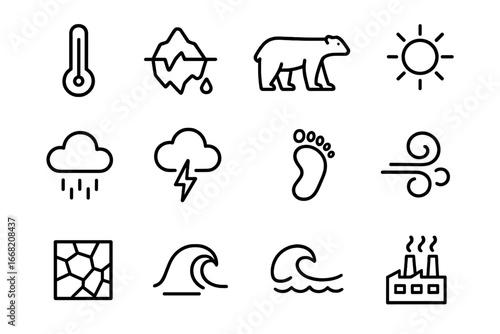 Climate Awareness Icons. Outline icon set of climate change awareness: thermometer, melting iceberg, polar