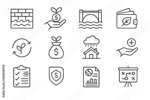 Climate Adaptation Icons. Outline icon set of climate adaptation funding: flood control, climate grant,