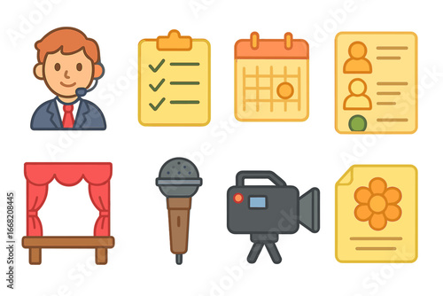 Event Logistics Icons. Flat vector mini-illustrations Managing event logistics in colors children's