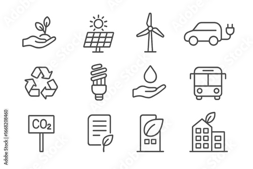 Climate Mitigation Icons. Outline icon set of climate change mitigation: tree planting, solar panel, wind