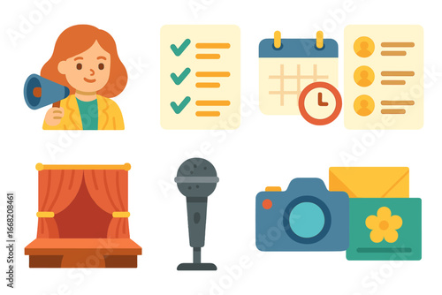 Event Logistics Icons. Flat vector mini-illustrations Managing event logistics in colors children's