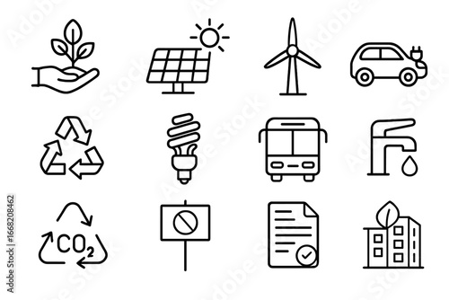 Climate Mitigation Icons. Outline icon set of climate change mitigation: tree planting, solar panel, wind