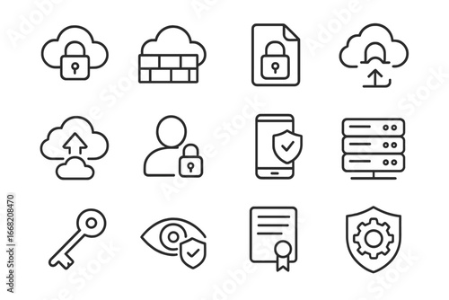 Cloud Security Icons. Outline icon set of cloud security governance: cloud lock, firewall cloud, encrypted